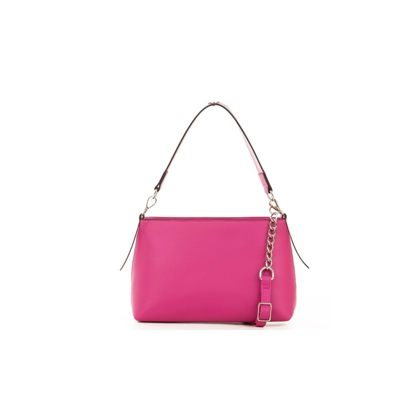 Na imagem temos uma linda bolsa feminina na cor fucsia com detalhes em costura com alça dupla transversal e tiracolo, linda e elegante