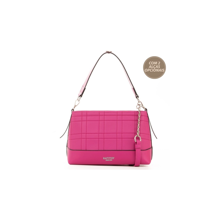 Na imagem temos uma linda bolsa feminina na cor fucsia com detalhes em costura com alça dupla transversal e tiracolo, linda e elegante