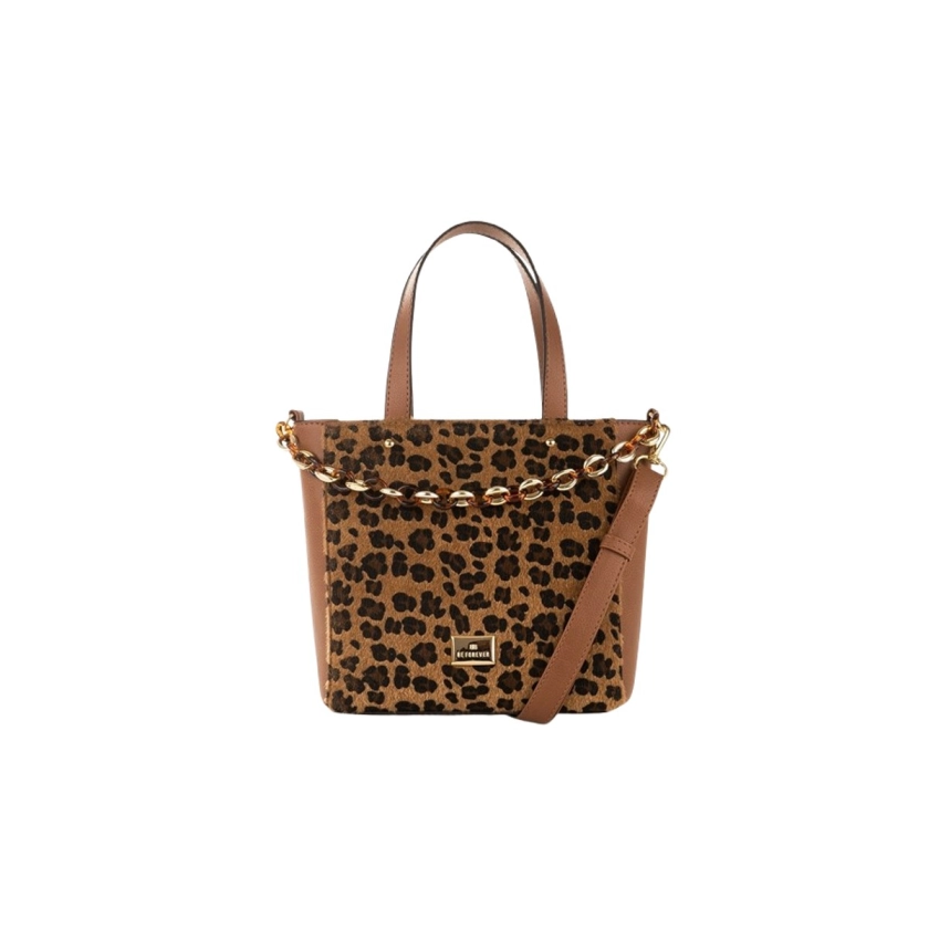 Na imagem temos uma linda bolsa rafitthy com a estampa animal print muito moderna e estilosa e para complementar o estilo desta bolsa ela adiciona uma corrente dourada e marrom que trás um toque de elegancia para a bolsa, essa bolsa possui alça dupla trazendo versatilidade na hora de usar, alça de mão e uma alça tira colo, com bolso interno para organização dos itens.